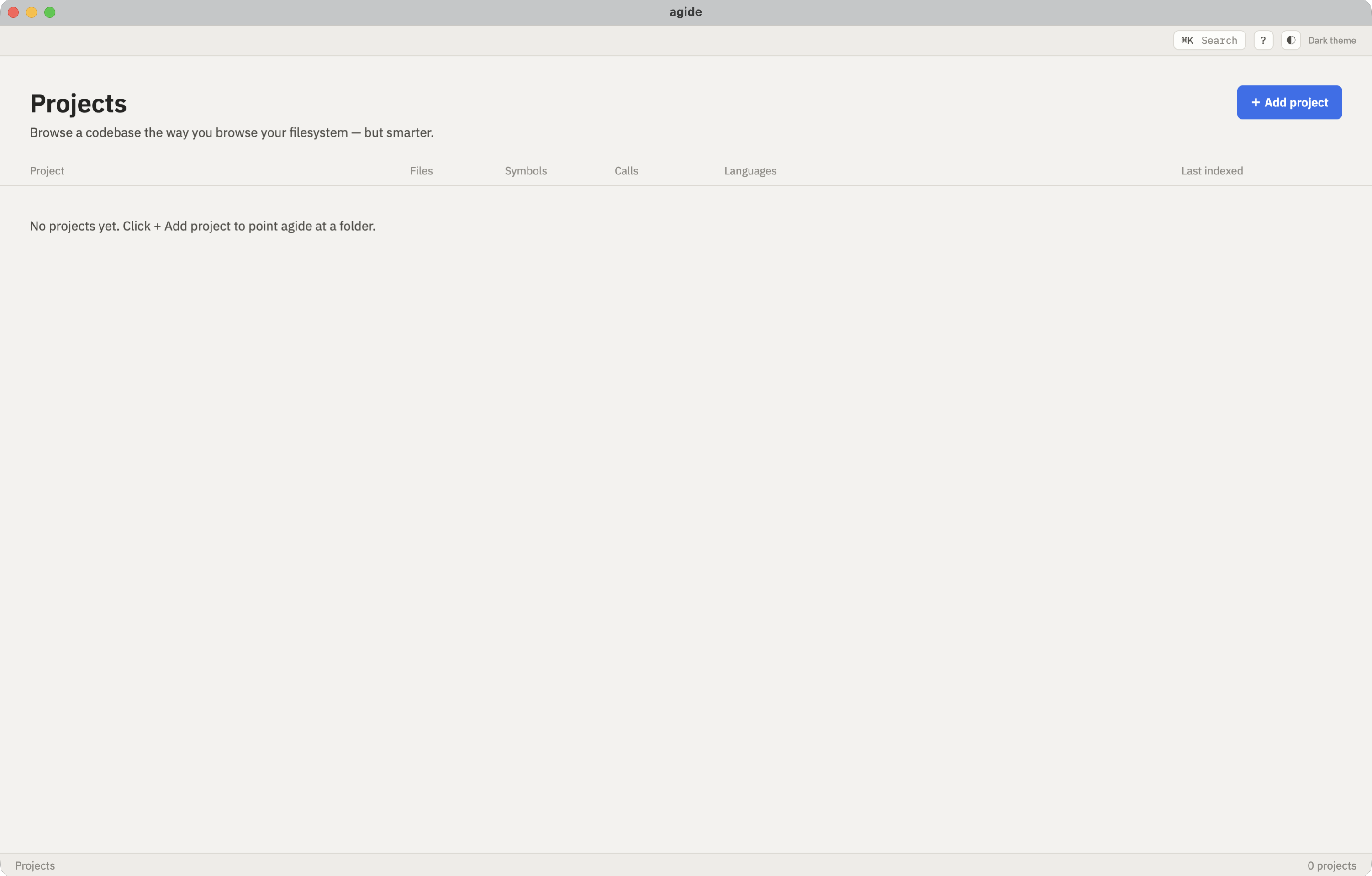 AG.IDE start screen with the add project action