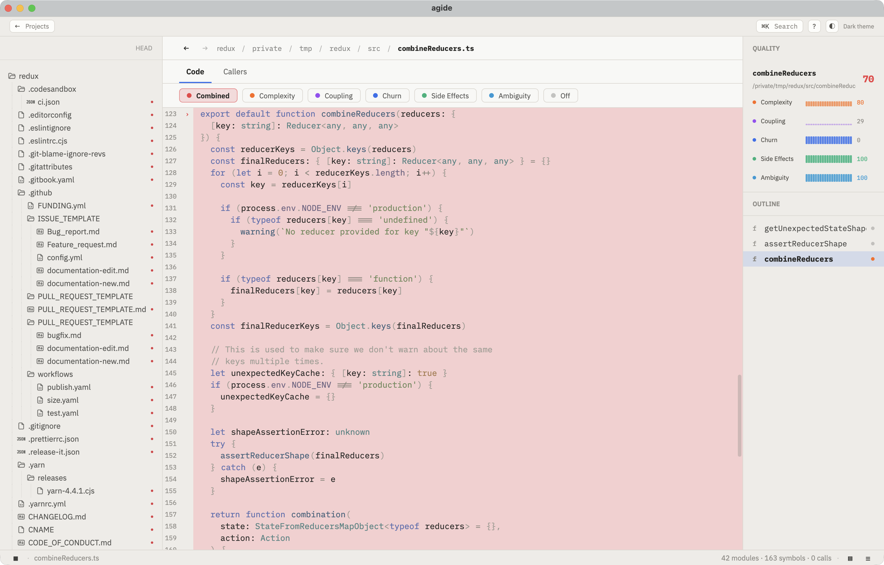AG.IDE code detail view with source heatmap and file tabs
