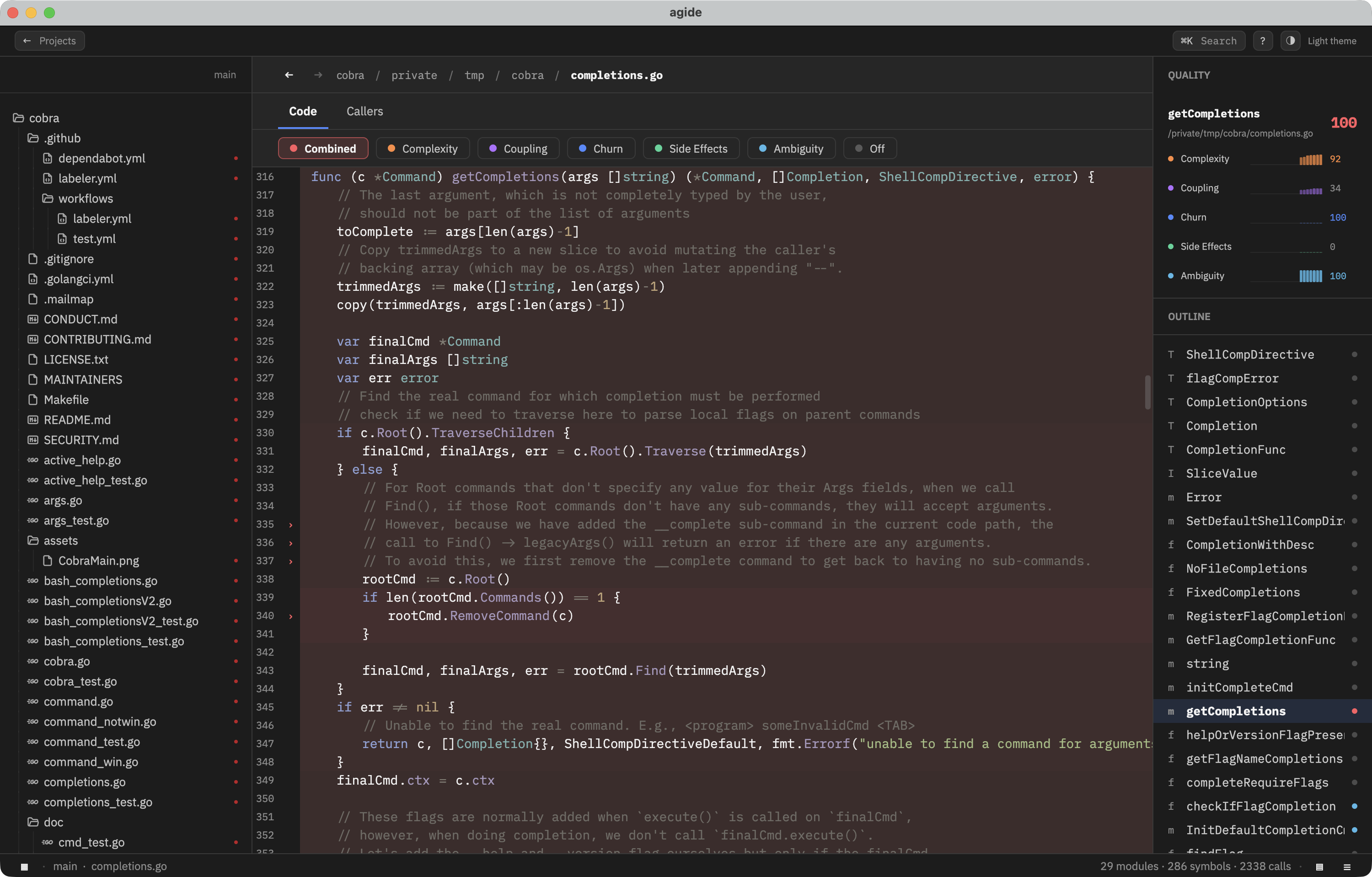 AG.IDE code view highlighting the riskiest parts of a function so an AI coding agent edits with full context — runs locally